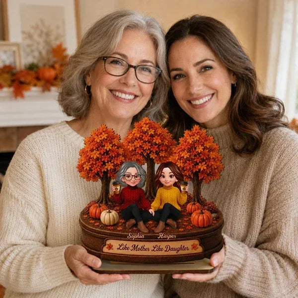 2-Layer Wooden Plaque, Autumn Trees and Mother-Daughter Coffee Scene