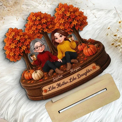 2-Layer Wooden Plaque, Autumn Trees and Mother-Daughter Coffee Scene