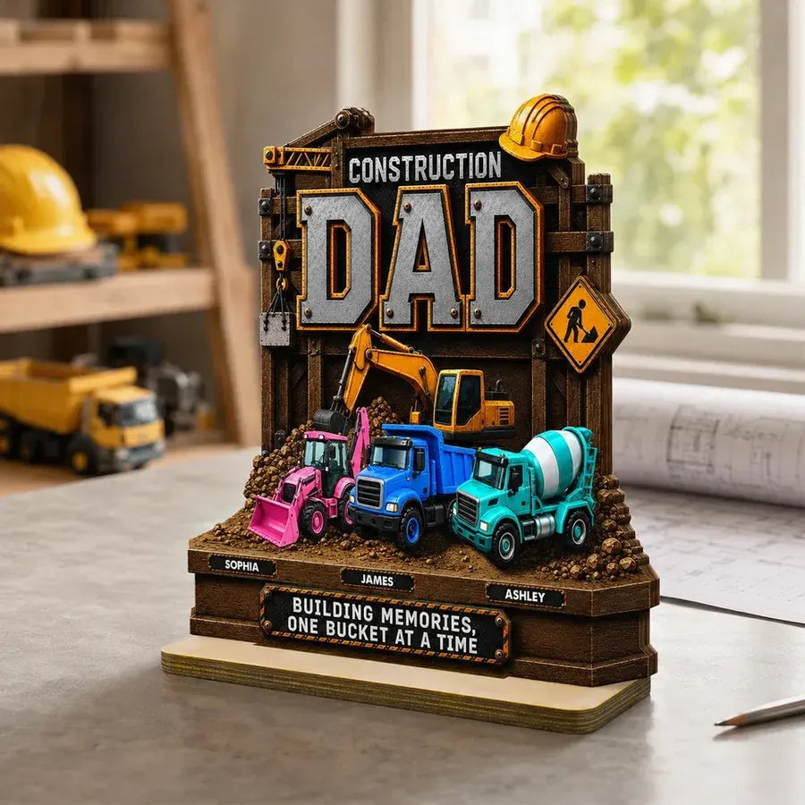 2-Layer Wooden Plaque, Personalized Construction Dad and Trucks