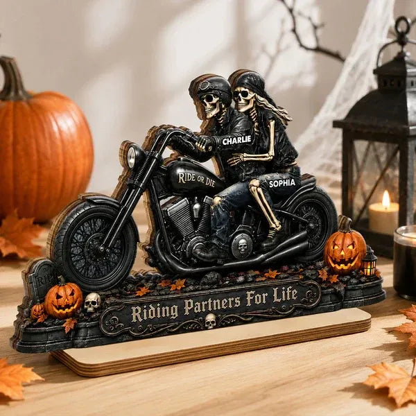 2-Layer Wooden Plaque, Personalized Skeleton Biker Couple