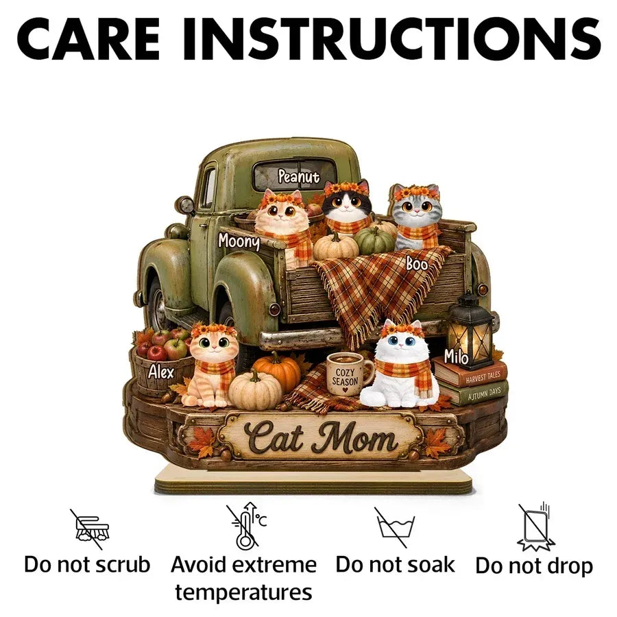 2-Layer Wooden Plaque, Personalized Cats and Vintage Fall Truck
