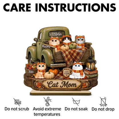 2-Layer Wooden Plaque, Personalized Cats and Vintage Fall Truck