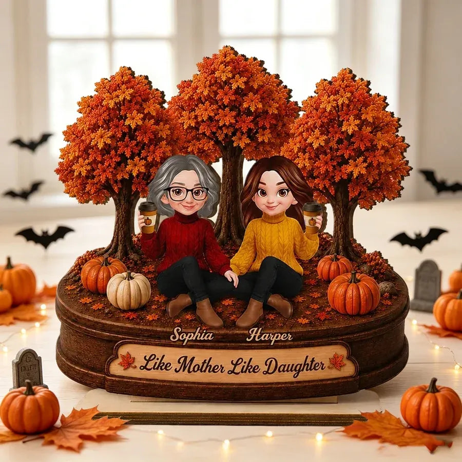 2-Layer Wooden Plaque, Autumn Trees and Mother-Daughter Coffee Scene