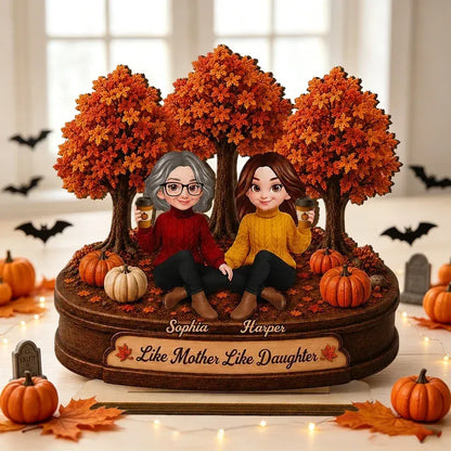 2-Layer Wooden Plaque, Autumn Trees and Mother-Daughter Coffee Scene