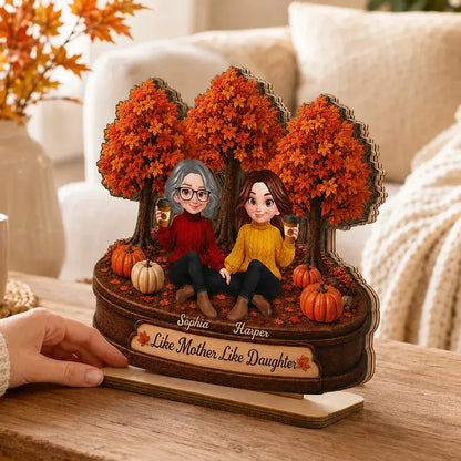 2-Layer Wooden Plaque, Autumn Trees and Mother-Daughter Coffee Scene