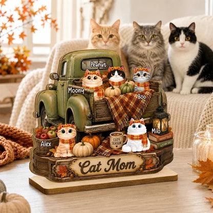 2-Layer Wooden Plaque, Personalized Cats and Vintage Fall Truck