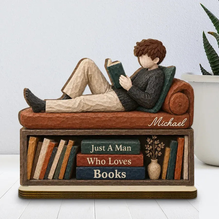 2-Layer Wooden Plaque, Personalized Reader and Bookcase Scene