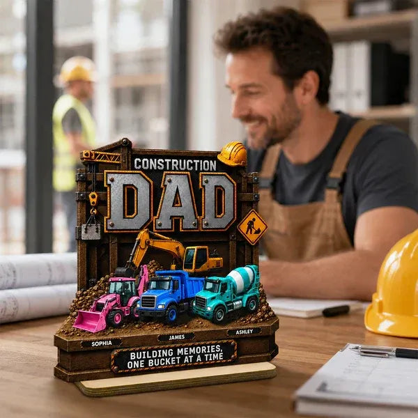 2-Layer Wooden Plaque, Personalized Construction Dad and Trucks