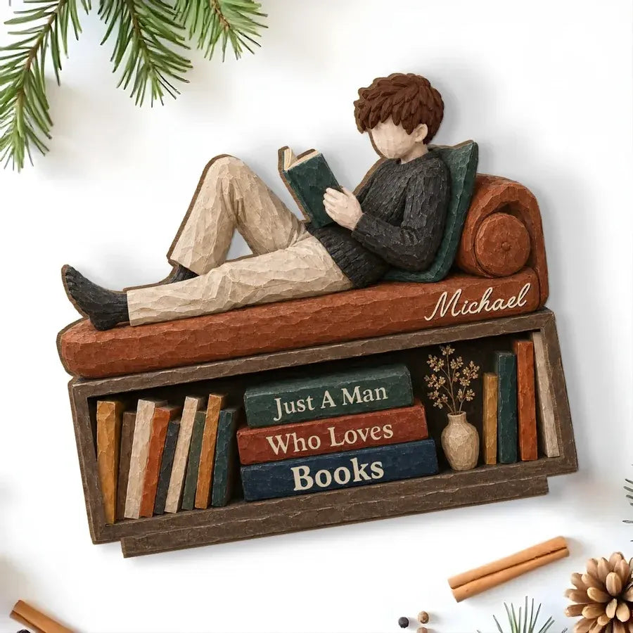 2-Layer Wooden Plaque, Personalized Reader and Bookcase Scene