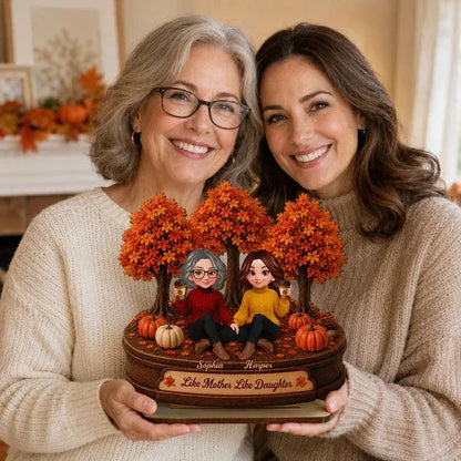2-Layer Wooden Plaque, Autumn Trees and Mother-Daughter Coffee Scene