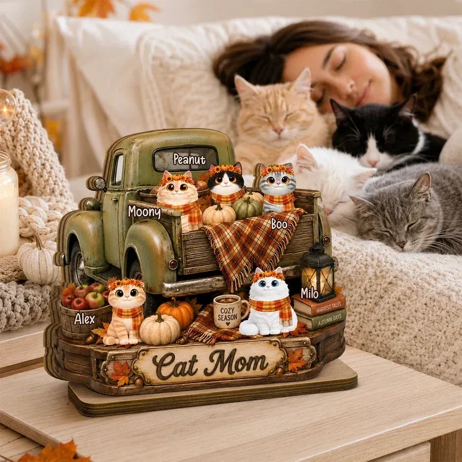 2-Layer Wooden Plaque, Personalized Cats and Vintage Fall Truck
