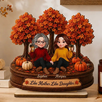 2-Layer Wooden Plaque, Autumn Trees and Mother-Daughter Coffee Scene