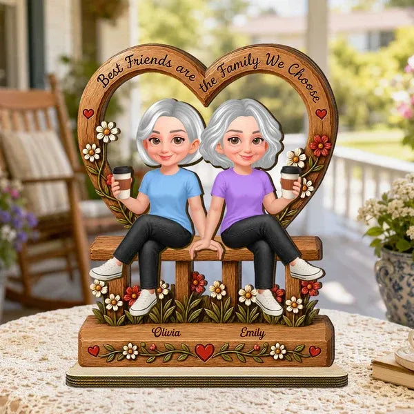2-Layer Wooden Plaque, Best Friends Floral Bench Design