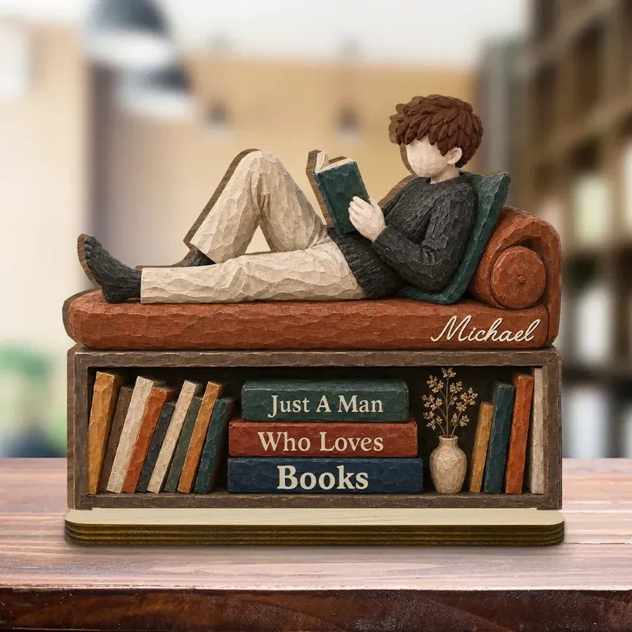2-Layer Wooden Plaque, Personalized Reader and Bookcase Scene