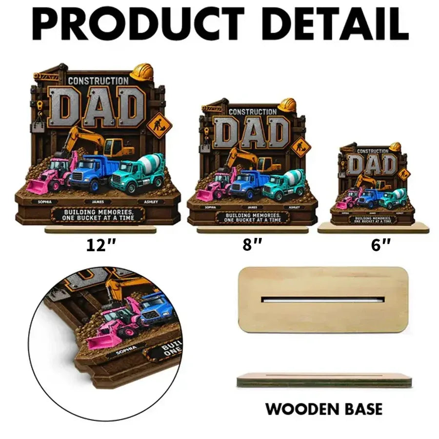 2-Layer Wooden Plaque, Personalized Construction Dad and Trucks