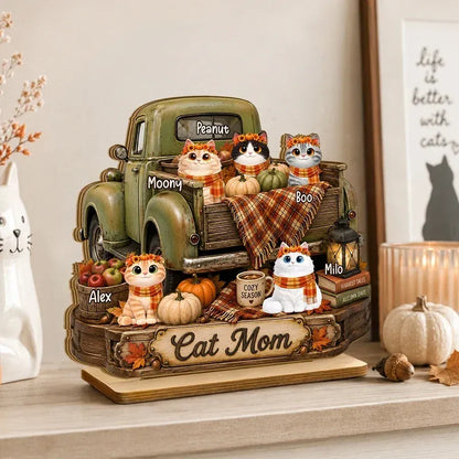 2-Layer Wooden Plaque, Personalized Cats and Vintage Fall Truck