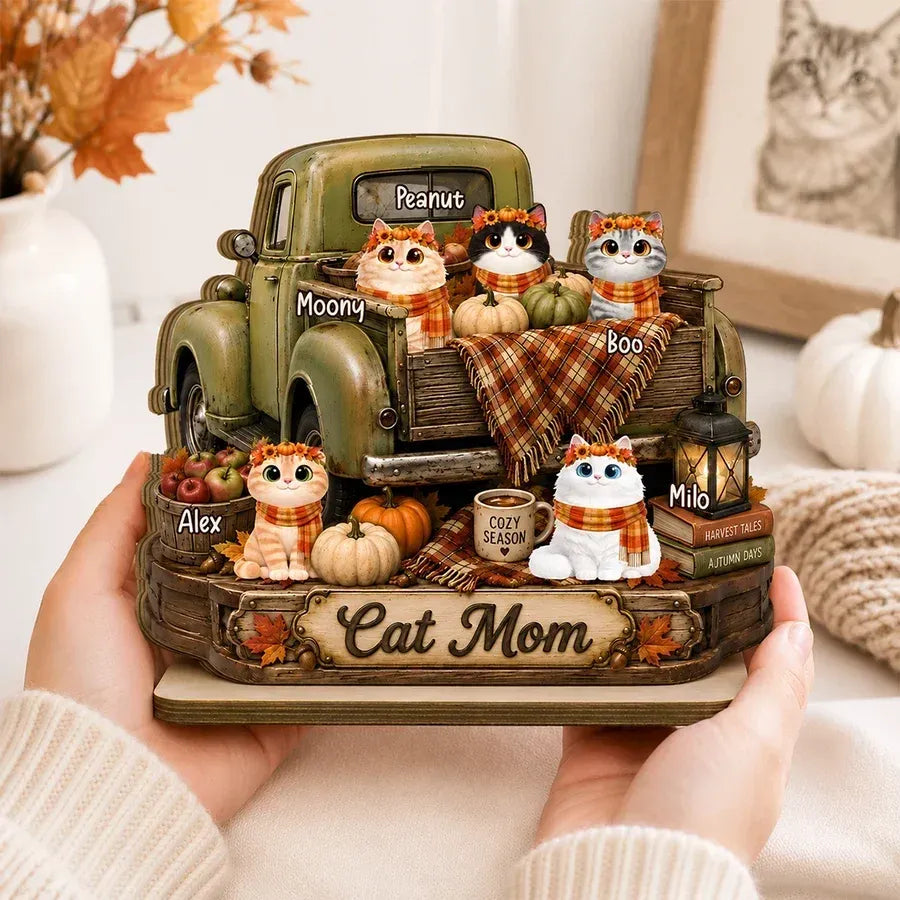 2-Layer Wooden Plaque, Personalized Cats and Vintage Fall Truck