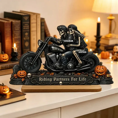 2-Layer Wooden Plaque, Personalized Skeleton Biker Couple