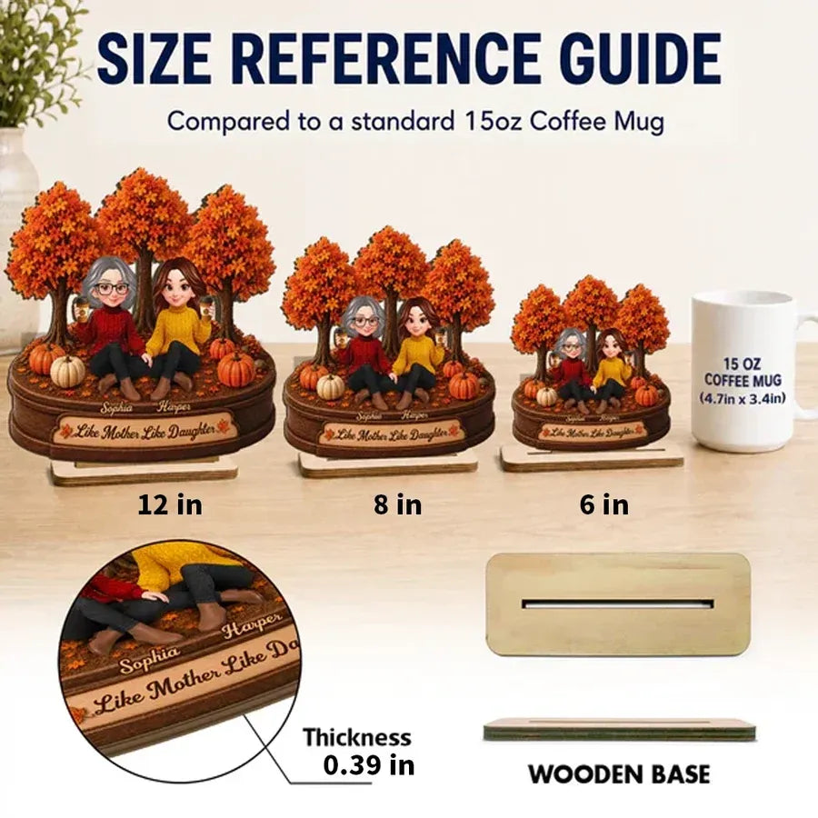 2-Layer Wooden Plaque, Autumn Trees and Mother-Daughter Coffee Scene