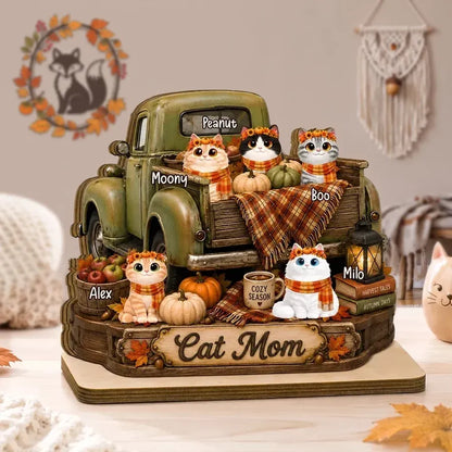 2-Layer Wooden Plaque, Personalized Cats and Vintage Fall Truck