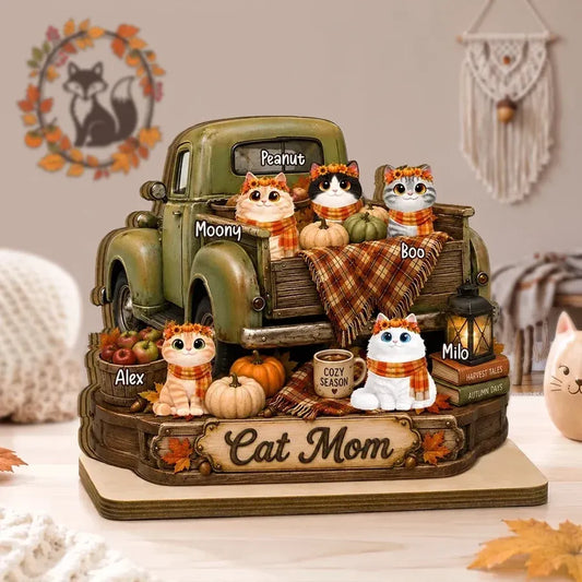 2-Layer Wooden Plaque, Personalized Cats and Vintage Fall Truck