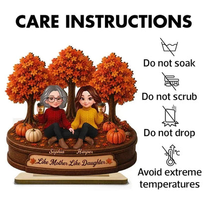 2-Layer Wooden Plaque, Autumn Trees and Mother-Daughter Coffee Scene