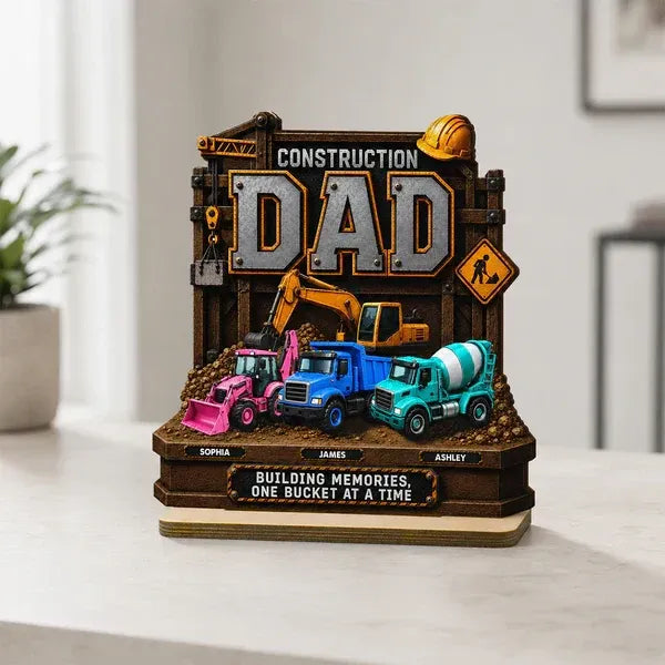 2-Layer Wooden Plaque, Personalized Construction Dad and Trucks