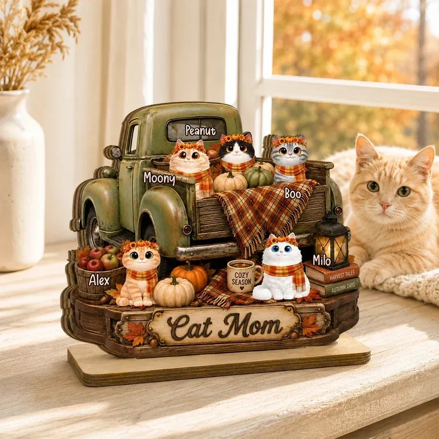 2-Layer Wooden Plaque, Personalized Cats and Vintage Fall Truck