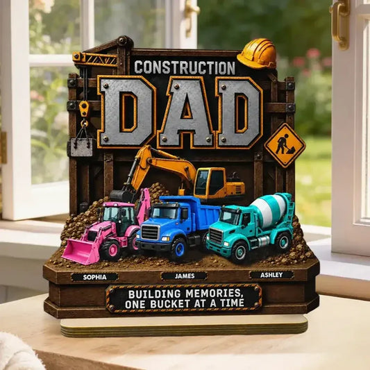 2-Layer Wooden Plaque, Personalized Construction Dad and Trucks