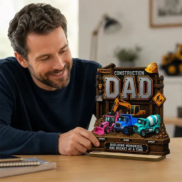 2-Layer Wooden Plaque, Personalized Construction Dad and Trucks